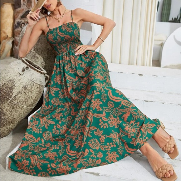 Dresses & Skirts - Boho Floral Paisleys Print Smocked Bodice Cami Maxi Dress